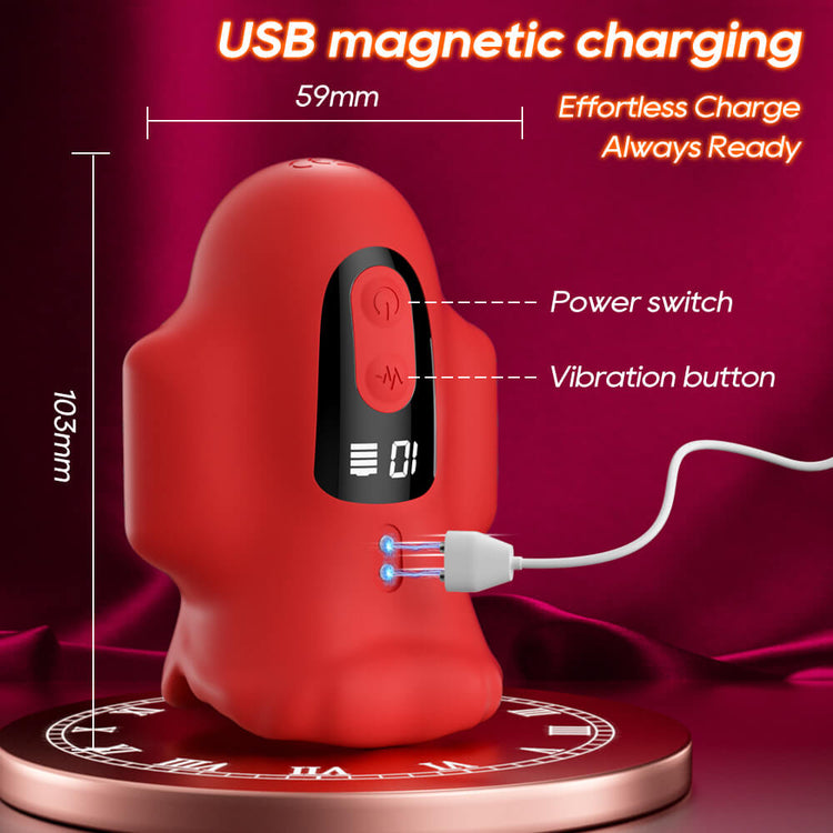 Blaze - Automatic Vibrating Penis Trainer with power switch and vibration button on a red background
