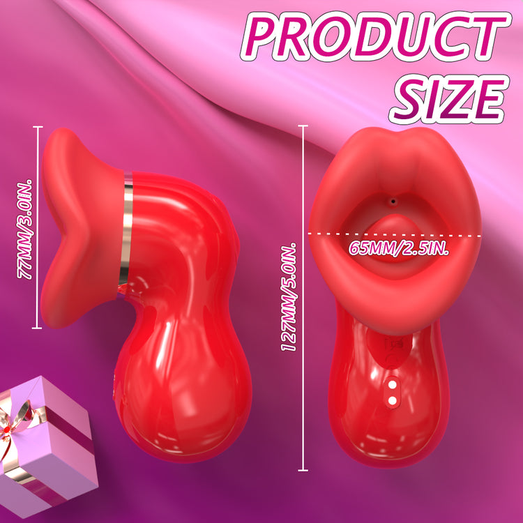 Red product shaped like lips with measurements on a pink background