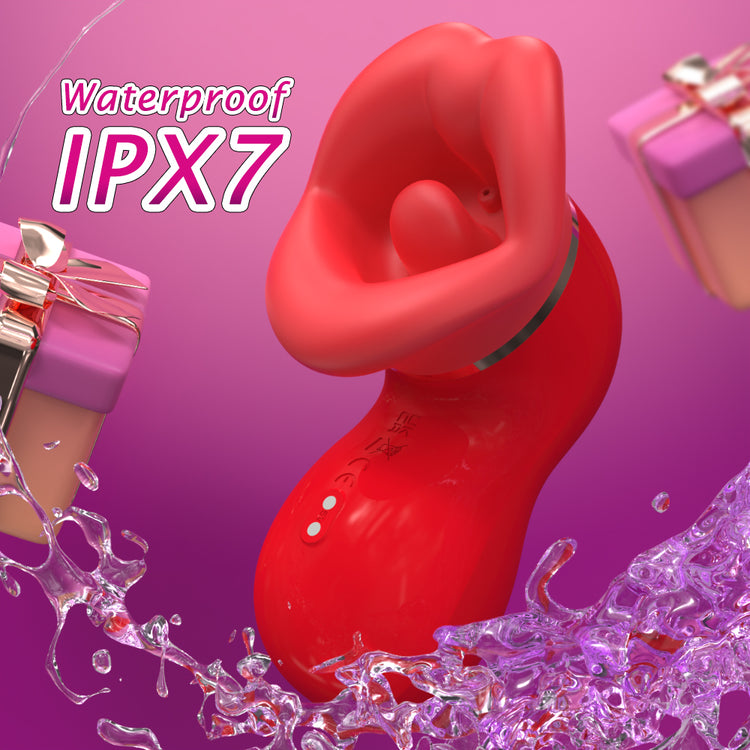 Red waterproof device with IPX7 rating on a pink background