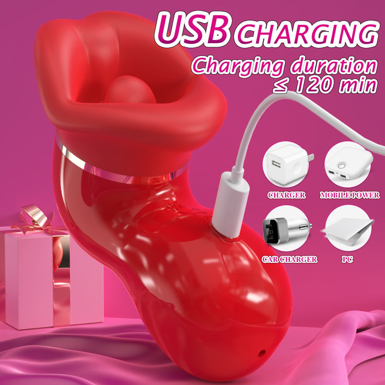 Red high-heeled shoe with USB charging cable on a pink background