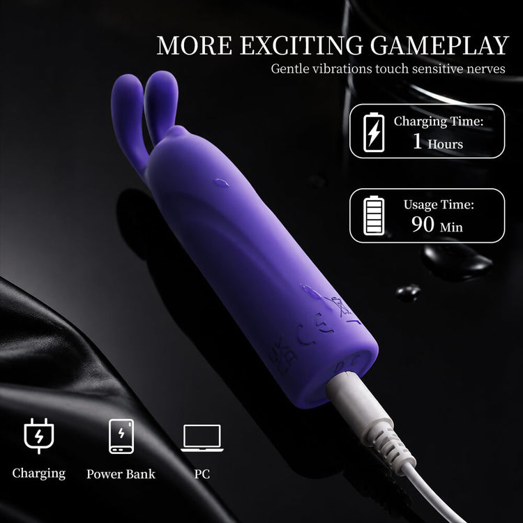 Bunny - Rabbit Bullet Vibrator with 10 Vibration Modes with charging cable on a dark background, featuring text about gameplay and specifications.