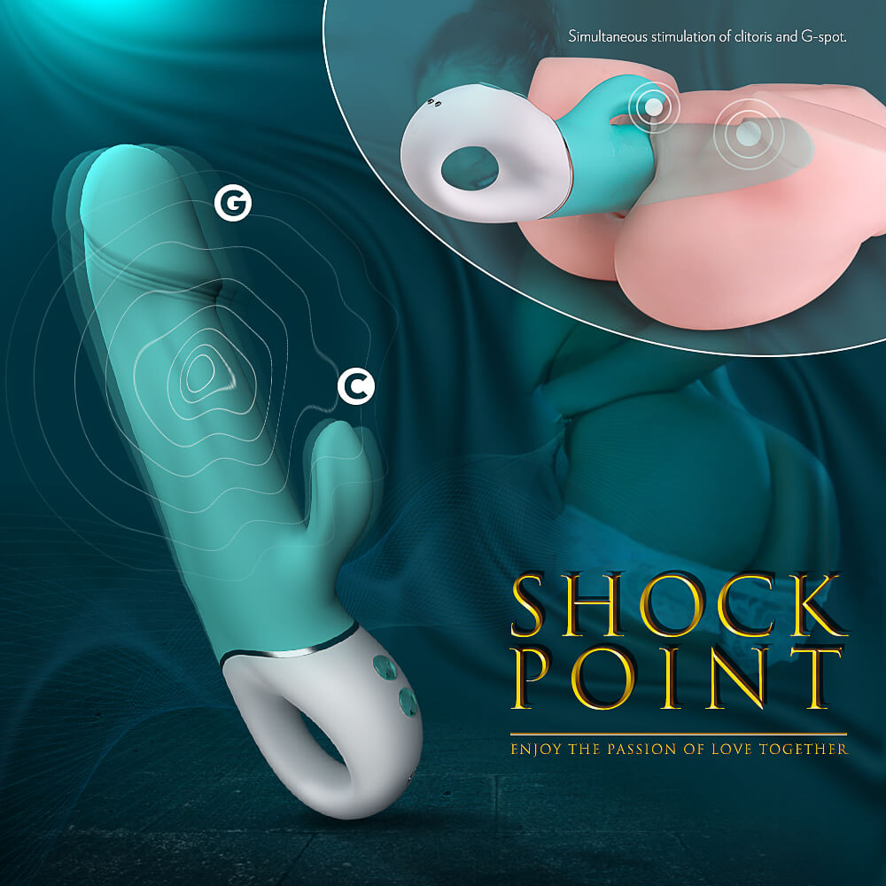 king kong vibrator labeled 'Shock Point' on a dark teal background with anatomical diagram.