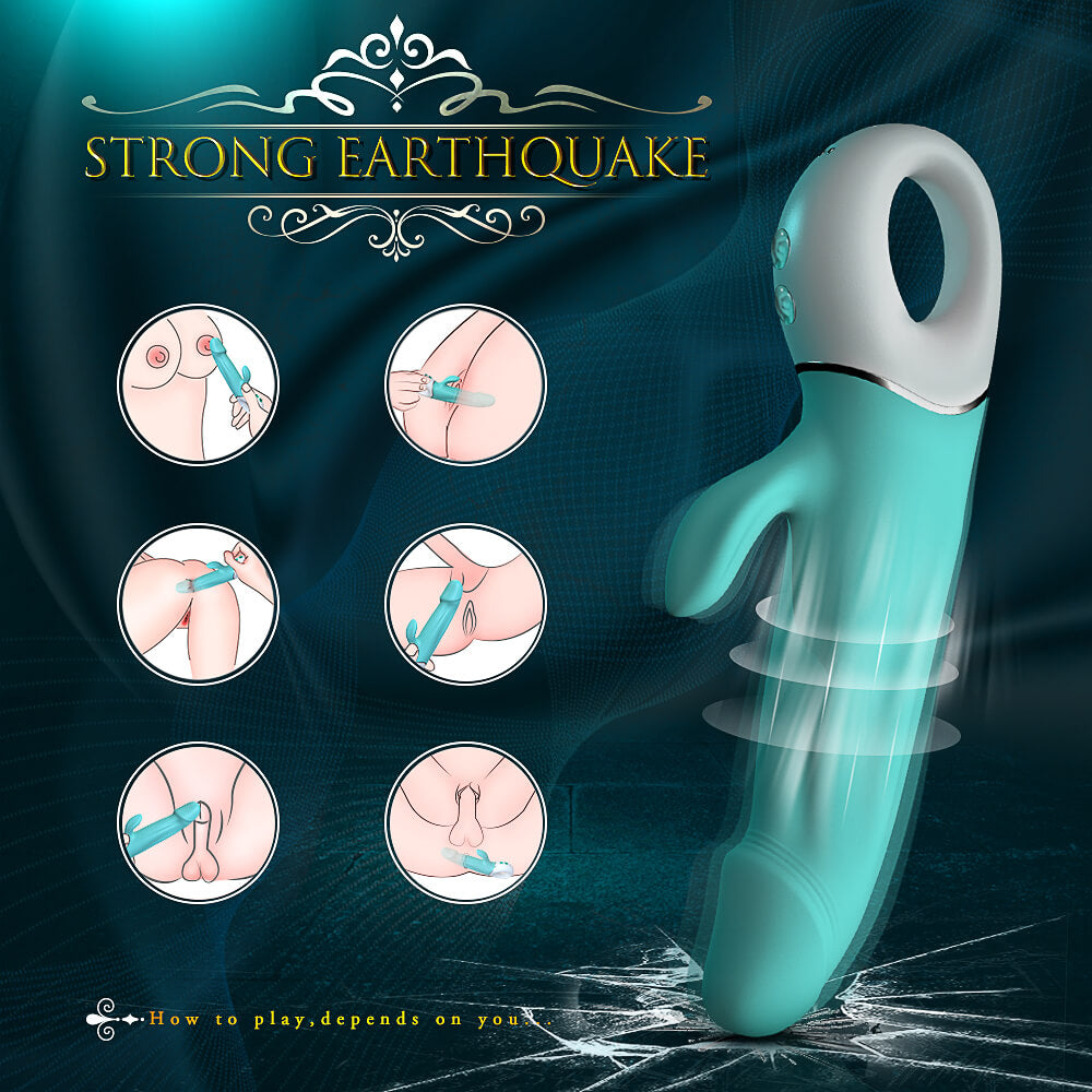king kong vibrator with instructional diagrams on a dark blue background, labeled 'Strong Earthquake'.