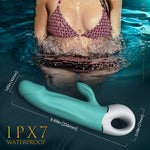 king kong vibrator with measurements and text about waterproof rating, displayed with a person in water.