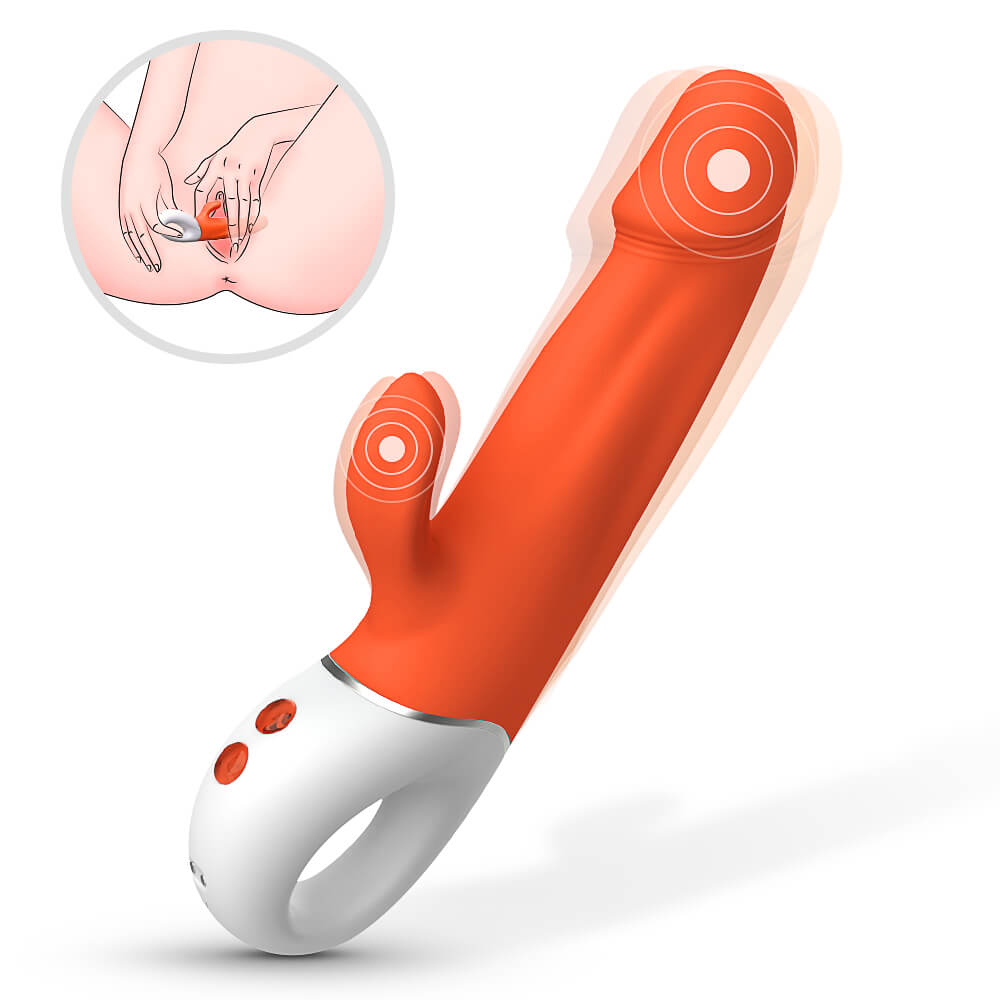 Orange and white king kong vibrator with inset showing hand use on a white background