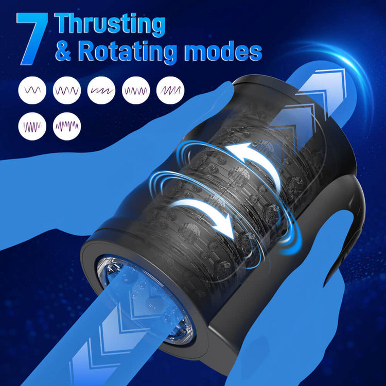 Sexual product with '7 Thrusting & Rotating modes' text and hand holding it on a blue background