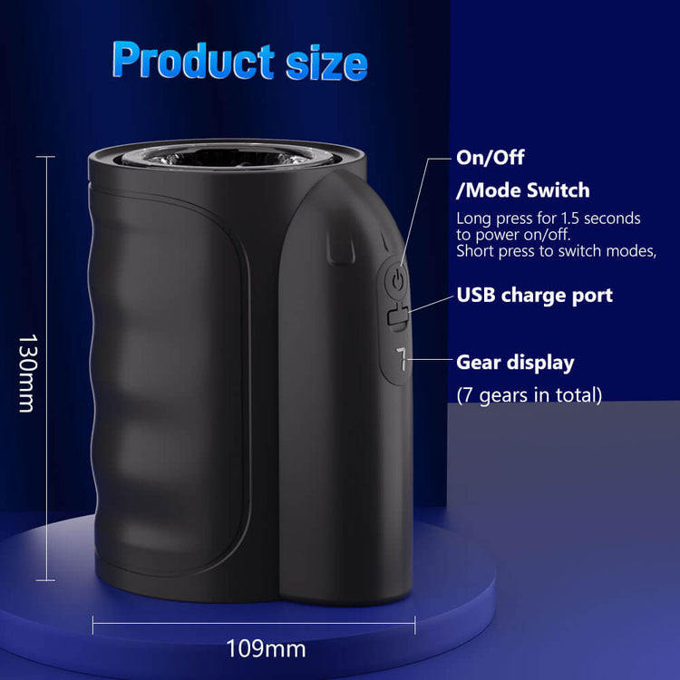 Black cylindrical product with measurements and feature labels on a blue background