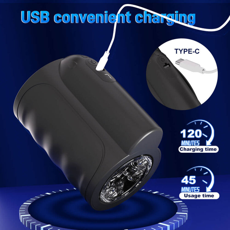 Black flashlight with USB charging cable on a blue background, showing charging and usage time.