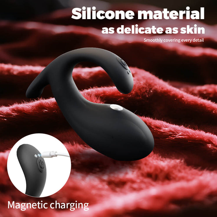 Little Whale – Remote Control Electro Shock Prostate Vibrator on red textured fabric with text about silicone material and magnetic charging.