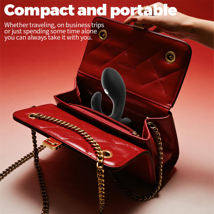 Red handbag with gold chain and interior showing gray earbuds, on a red background.