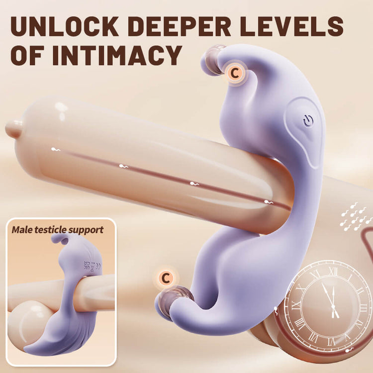Livia - App-Controlled Vibrating Cock Ring with 9 Vibration Modes with text 'Unlock Deeper Levels of Intimacy' on a beige background