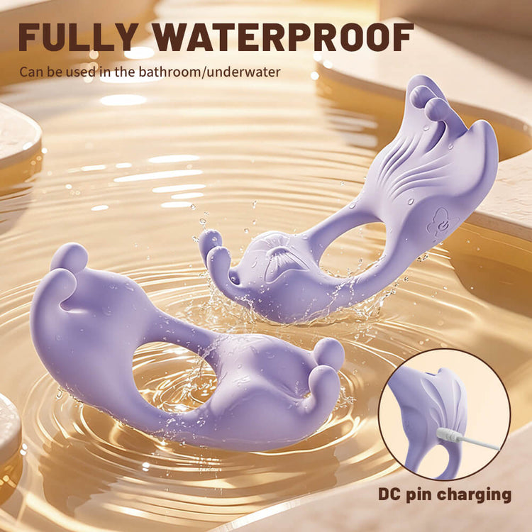 Livia - App-Controlled Vibrating Cock Ring with 9 Vibration Modes with mermaid design partially submerged in water, labeled 'fully waterproof' and 'DC pin charging'.