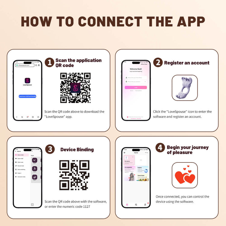 Step-by-step guide on how to connect an app with QR code scanning and account registration.