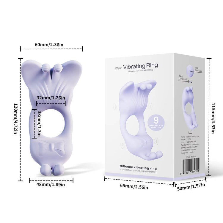 Livia - App-Controlled Vibrating Cock Ring with 9 Vibration Modes with dimensions and packaging on a white background