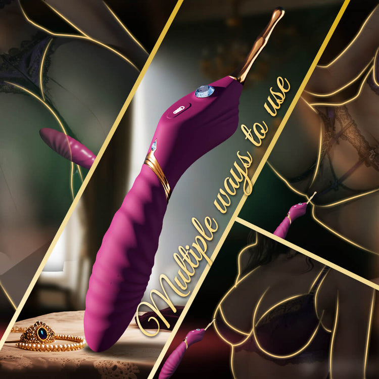 Purple electronic device with gold accents on a dark background, surrounded by decorative elements.