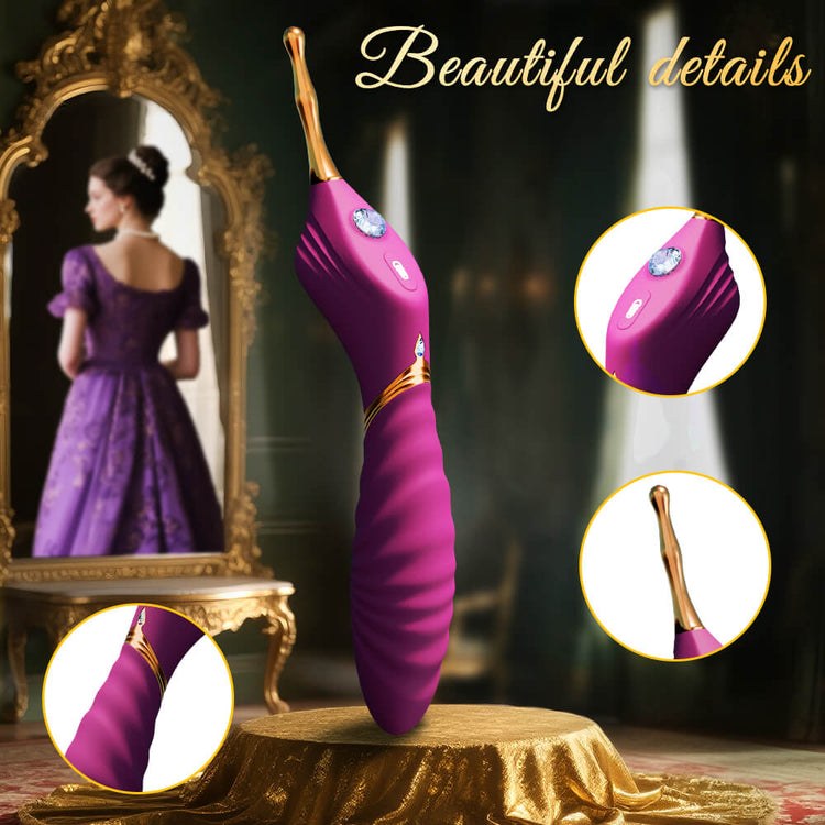 Purple hair straightener with gold accents on a decorative table, woman in purple dress looking at herself in mirror.