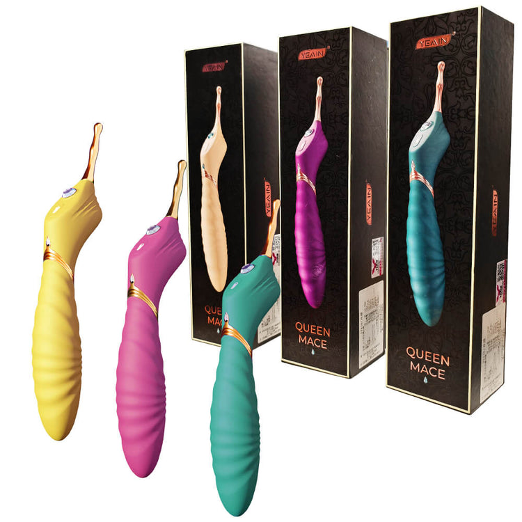 Colorful 'Queen Mace' products with packaging on a white background
