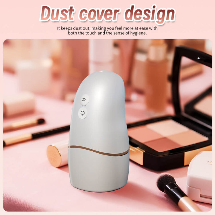 Luxe – 6-in-1 App-Controlled Tongue Licking & Sucking Vibrator on a pink surface with makeup items, text about dust cover design.