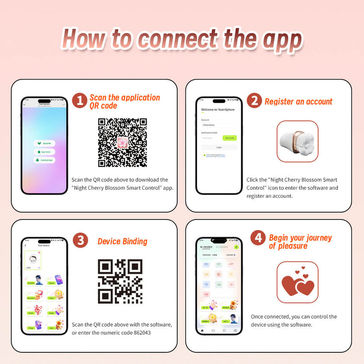 Step-by-step guide on how to connect an app with QR code scanning and account registration.