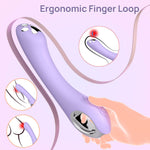 Ergonomic finger loop with hand holding it on a light purple background