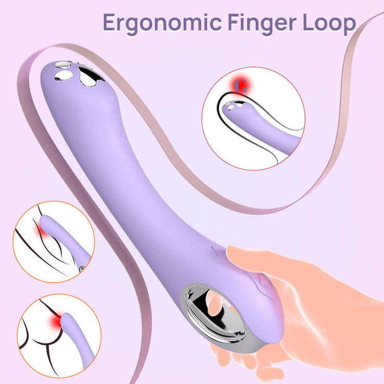 Ergonomic finger loop with hand holding it on a light purple background