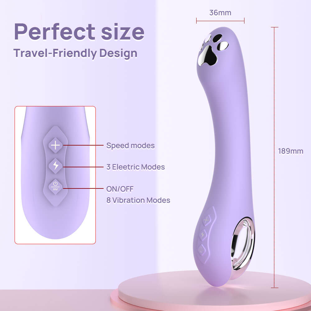 Purple electronic device with control panel and measurements on a light purple background