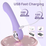 Purple electronic device with USB cable on a white background, showing charging and usage time.