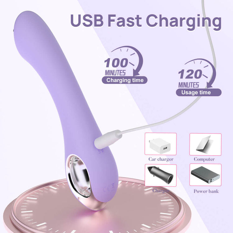 Purple electronic device with USB cable on a white background, showing charging and usage time.