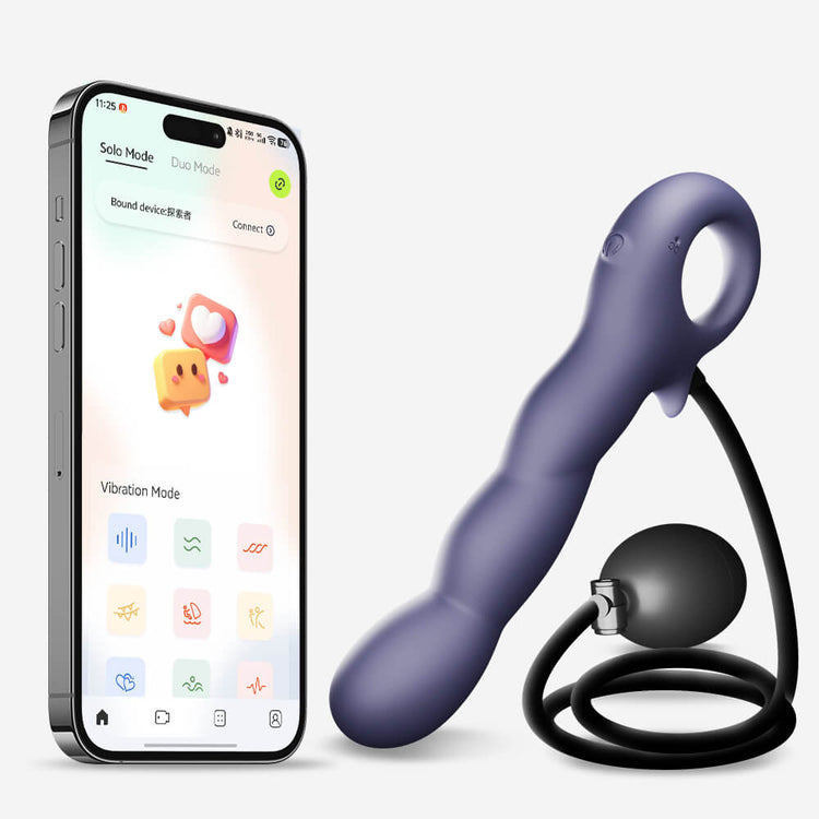 Inflatable Vibrating Prostate Massager with remote control next to a smartphone displaying app interface