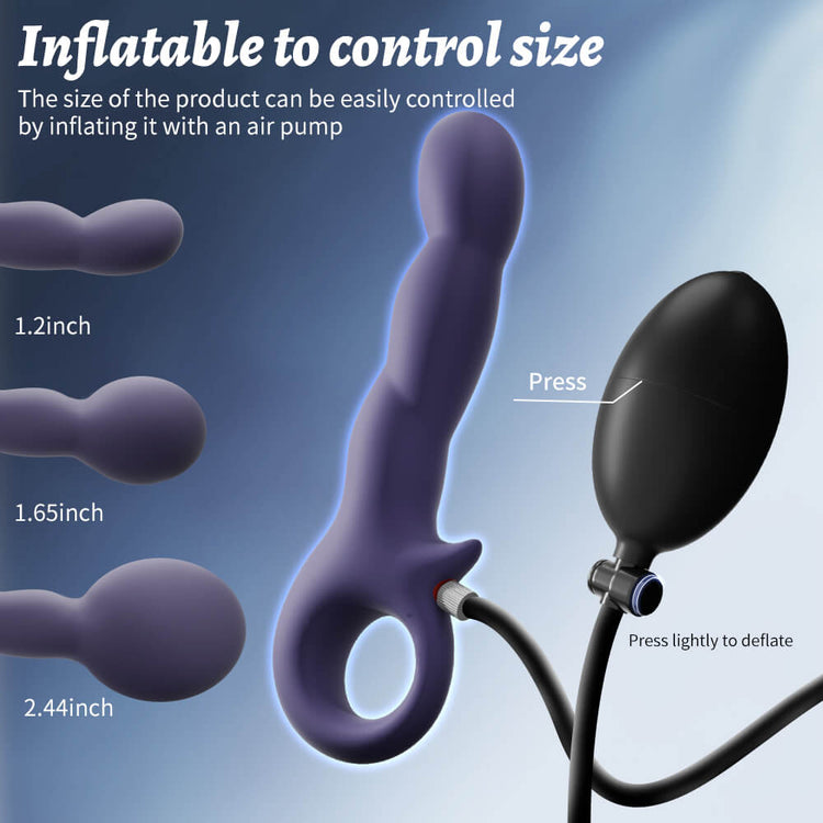 Inflatable Vibrating Prostate Massager with air pump and size indicators on a blue background