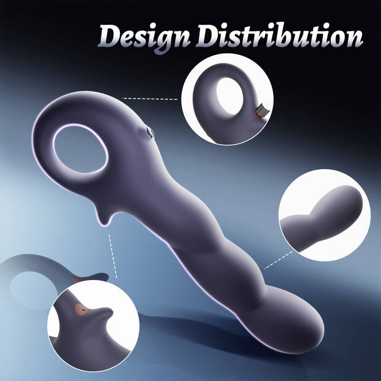 Inflatable Vibrating Prostate Massager detailed view of a handle with design distribution on a dark background