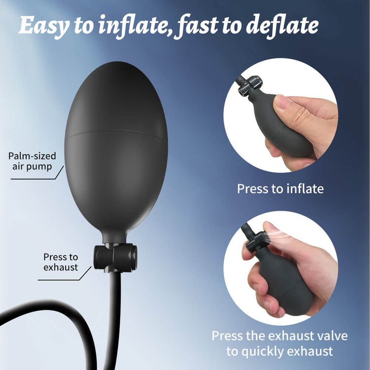 Inflatable Vibrating Prostate Massager black palm-sized air pump with instructions on inflation and exhaust, against a blue gradient background.
