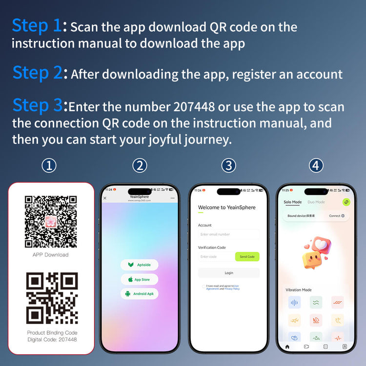 Step-by-step guide to downloading and registering an app with QR code scanning, displayed on a smartphone screen.