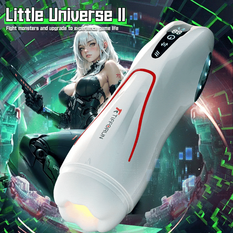 Titan – Automatic Telescopic Vibrating Male Masturbator with red accents on a futuristic cityscape background, featuring the text 'Little Universe II'.