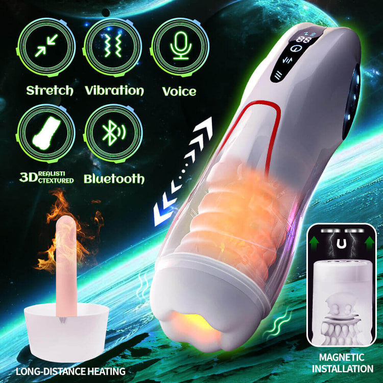 Titan – Automatic Telescopic Vibrating Male Masturbator various functions on a space-themed background