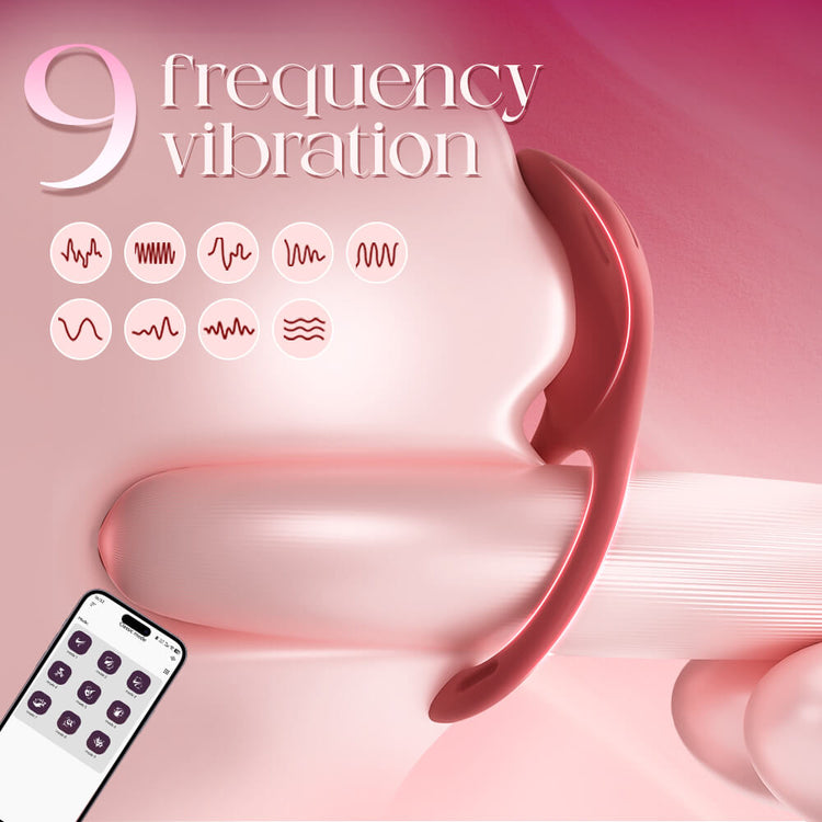 Wearable Vibrating Panties with remote control on a pink background, labeled '9 frequency vibration'.