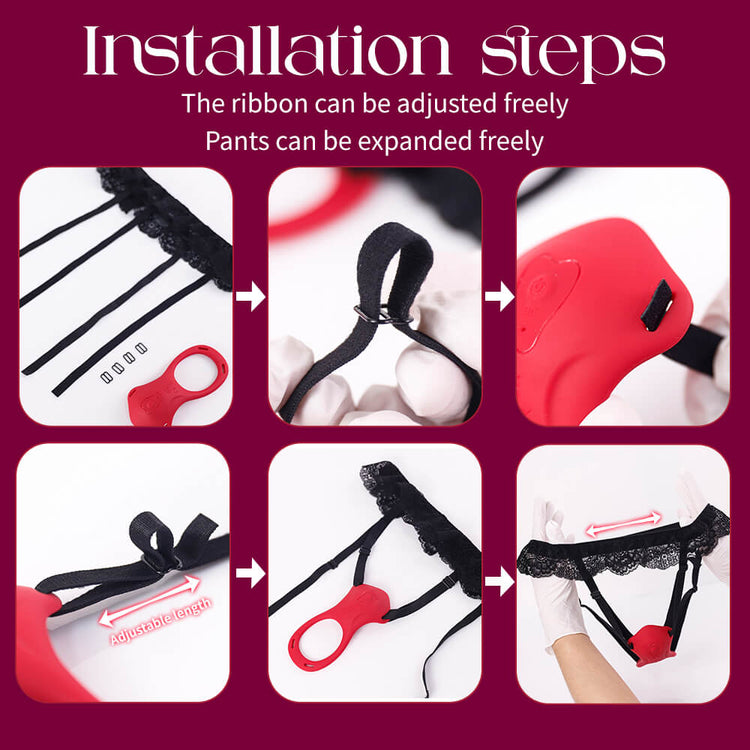 Step-by-step installation guide for Wearable Vibrating Panties with text on a purple background