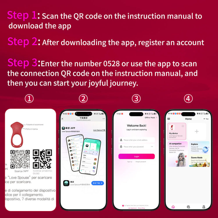 Step-by-step guide on how to download and use an app with QR codes on a red background