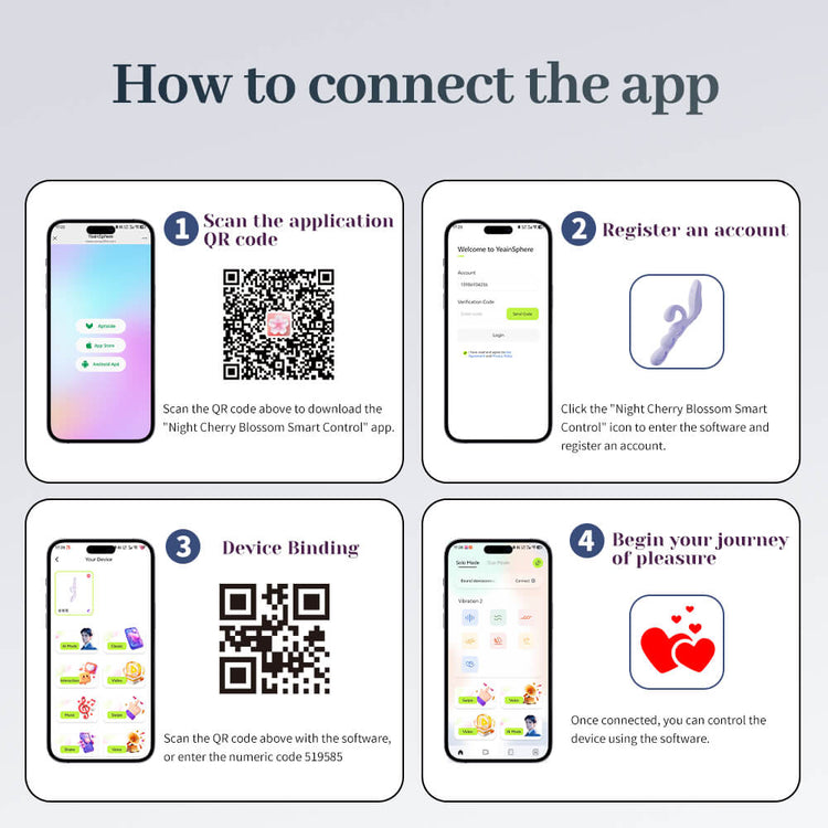 Step-by-step guide on how to connect an app with QR code scanning and account registration.