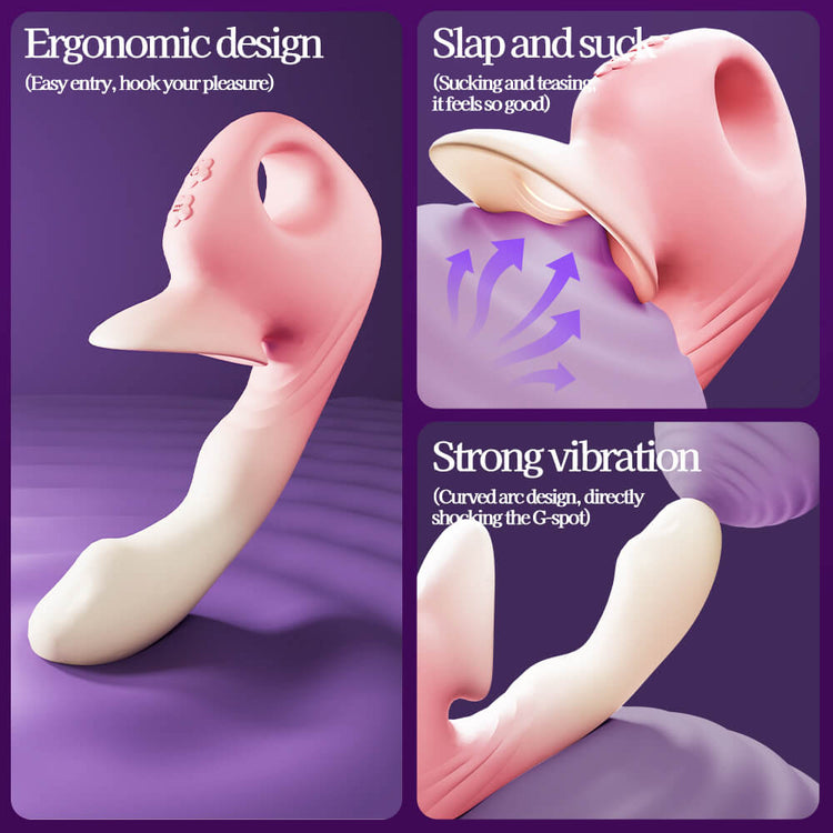 Ergonomic G-spot and clitoral suction vibrator designed for internal and external stimulation