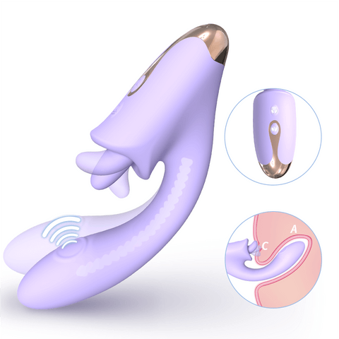 Purple Elista vibrator with curved internal arm, external licking tongue and two-button handle