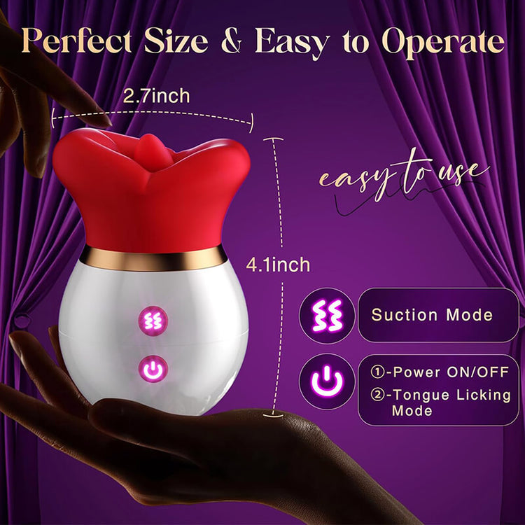 First Kiss vibrator size guide with separate suction and licking controls