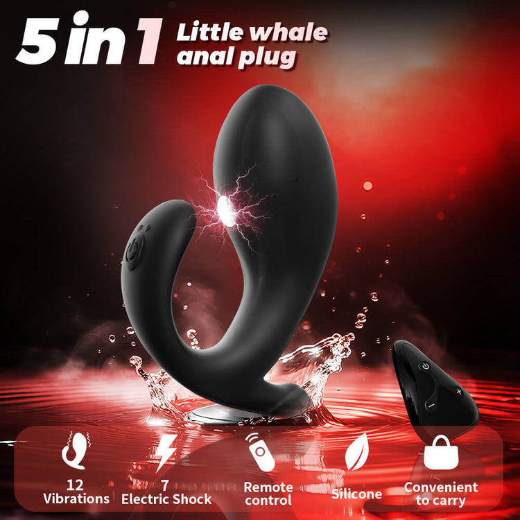 Little Whale anal vibrator showing 12 vibration patterns, 7 microcurrent levels and remote control