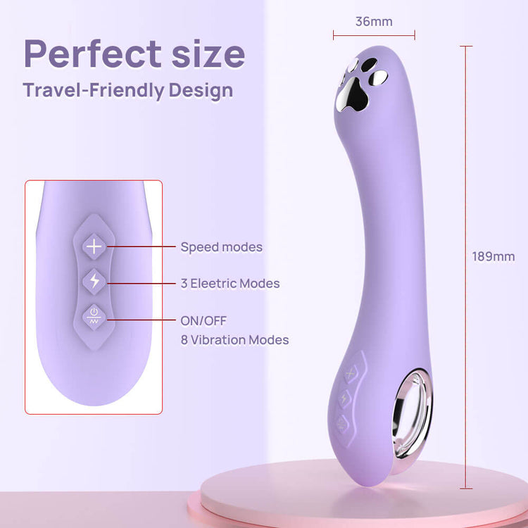 Nini cat paw vibrator control panel and product measurements