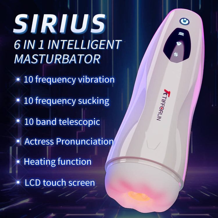Sirius 6-in-1 automatic male masturbator with vibration, suction, telescopic thrusting, heating, sound, and LCD touchscreen control