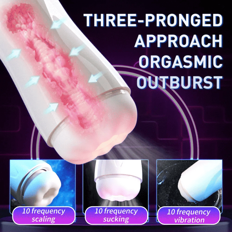 Sirius automatic blowjob machine showing suction, vibration, and telescopic thrusting stimulation modes
