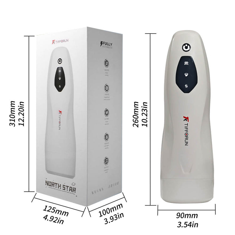 Sirius automatic male masturbator size guide with product dimensions and package measurements