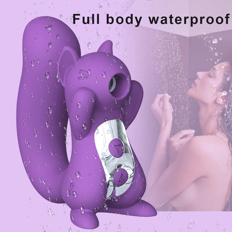 IPX6 water-resistant Squirluxe vibrator shown with water droplets