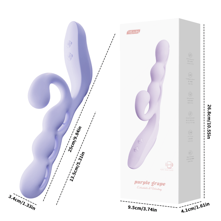 Violet vibrator and packaging dimensions with product measuring 25 by 13.5 by 3.4 cm