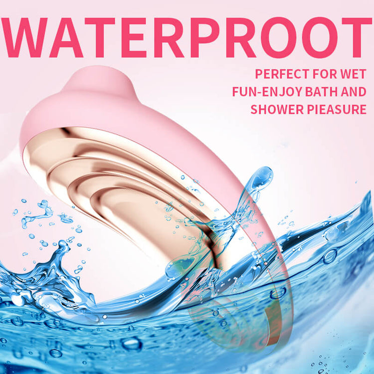 IPX6 water-resistant Wolfdog clitoral vibrator shown with water splashes